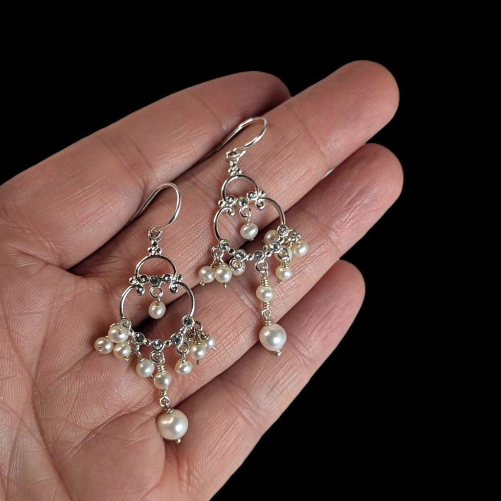 Vintage Sterling Silver and Freshwater Pearl Chandelier Earrings with clear crystal accents