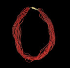 Vintage Red Glass Beaded Multi Strand Necklace with Brass Closure