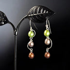 Vintage Sterling Silver Dangle Earrings with Cultured Pearls in Green, Champagne, and Bronze