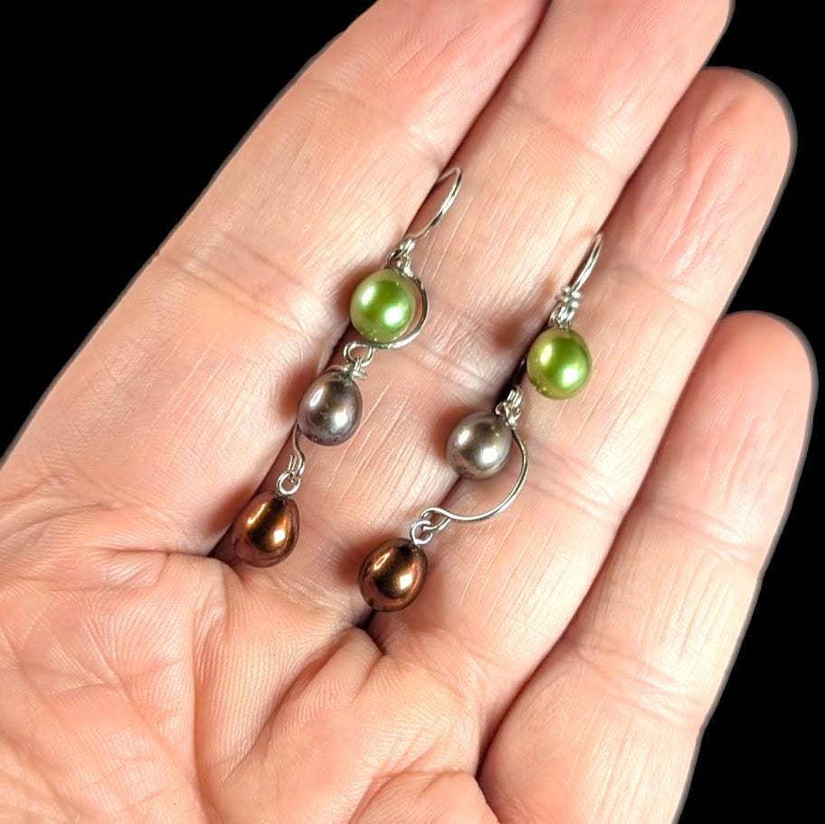 Vintage Sterling Silver Dangle Earrings with Cultured Pearls in Green, Champagne, and Bronze