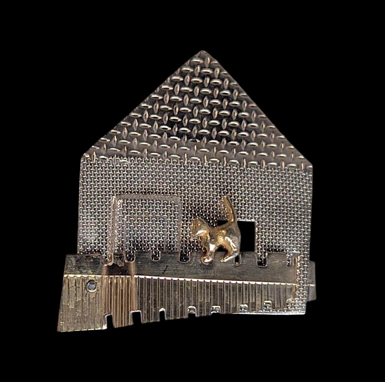 Vintage Sterling Silver House Brooch: Brass Cat, KDTR Artisan Jewelry