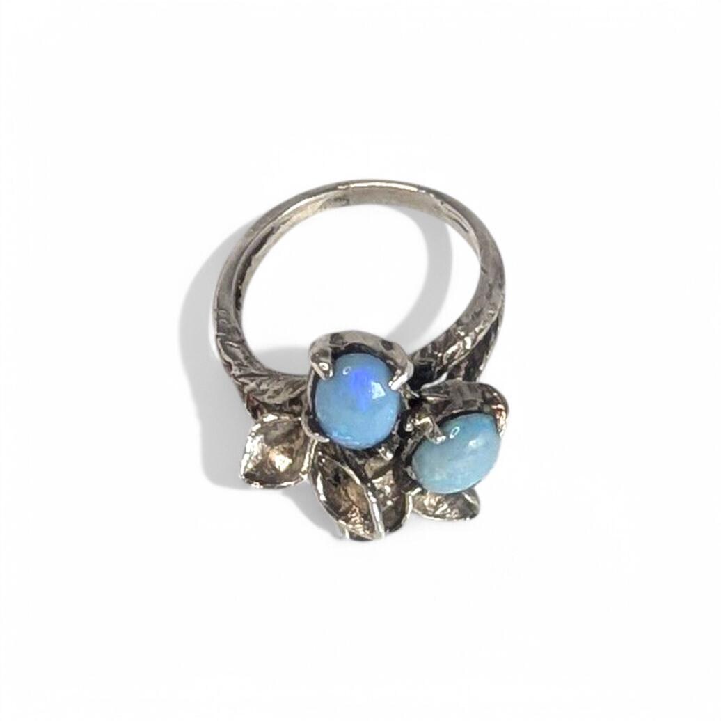 Vintage Sterling Silver Opal Triplet Ring: Art Nouveau Leaf Design, US Size 5