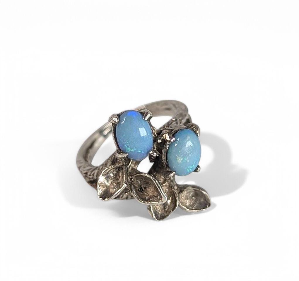 Vintage Sterling Silver Opal Triplet Ring: Art Nouveau Leaf Design, US Size 5