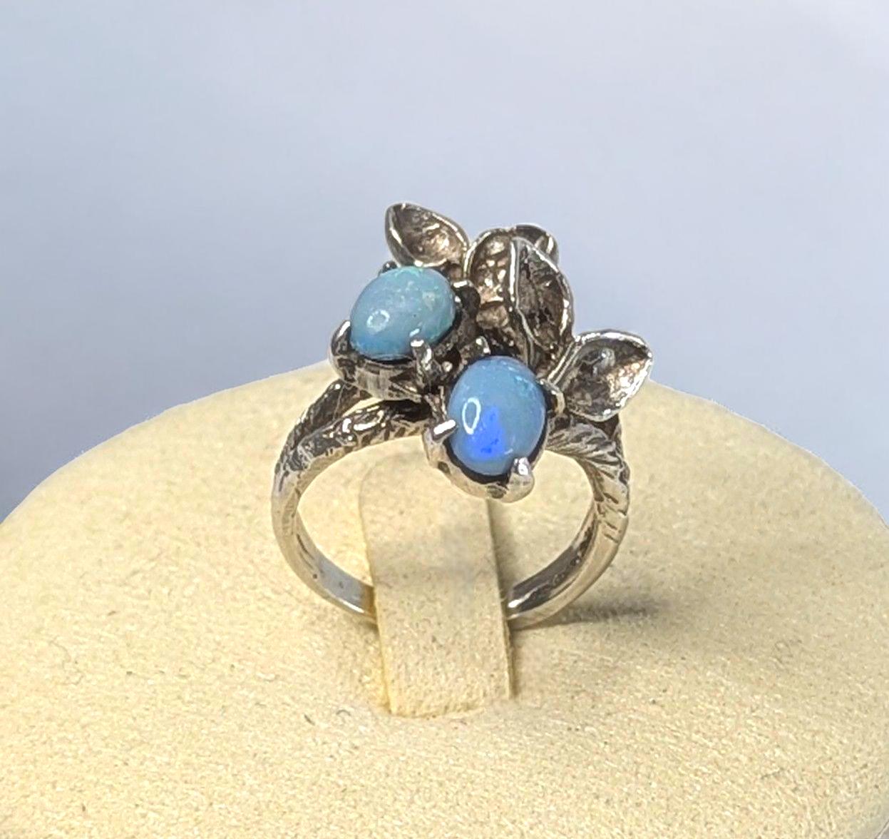 Vintage Sterling Silver Opal Triplet Ring: Art Nouveau Leaf Design, US Size 5
