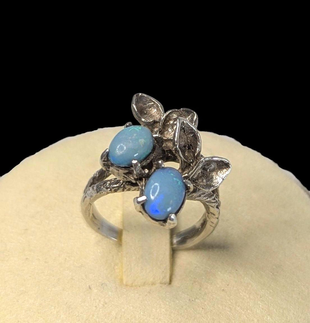 Vintage Sterling Silver Opal Triplet Ring: Art Nouveau Leaf Design, US Size 5