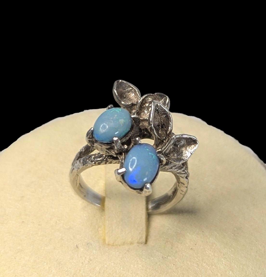 Vintage Sterling Silver Opal Triplet Ring: Art Nouveau Leaf Design, US Size 5