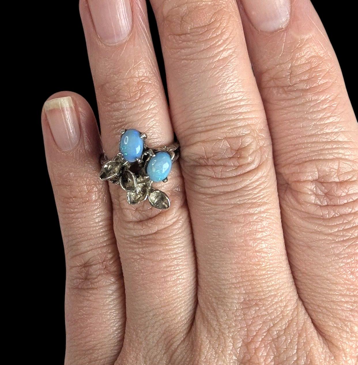 Vintage Sterling Silver Opal Triplet Ring: Art Nouveau Leaf Design, US Size 5