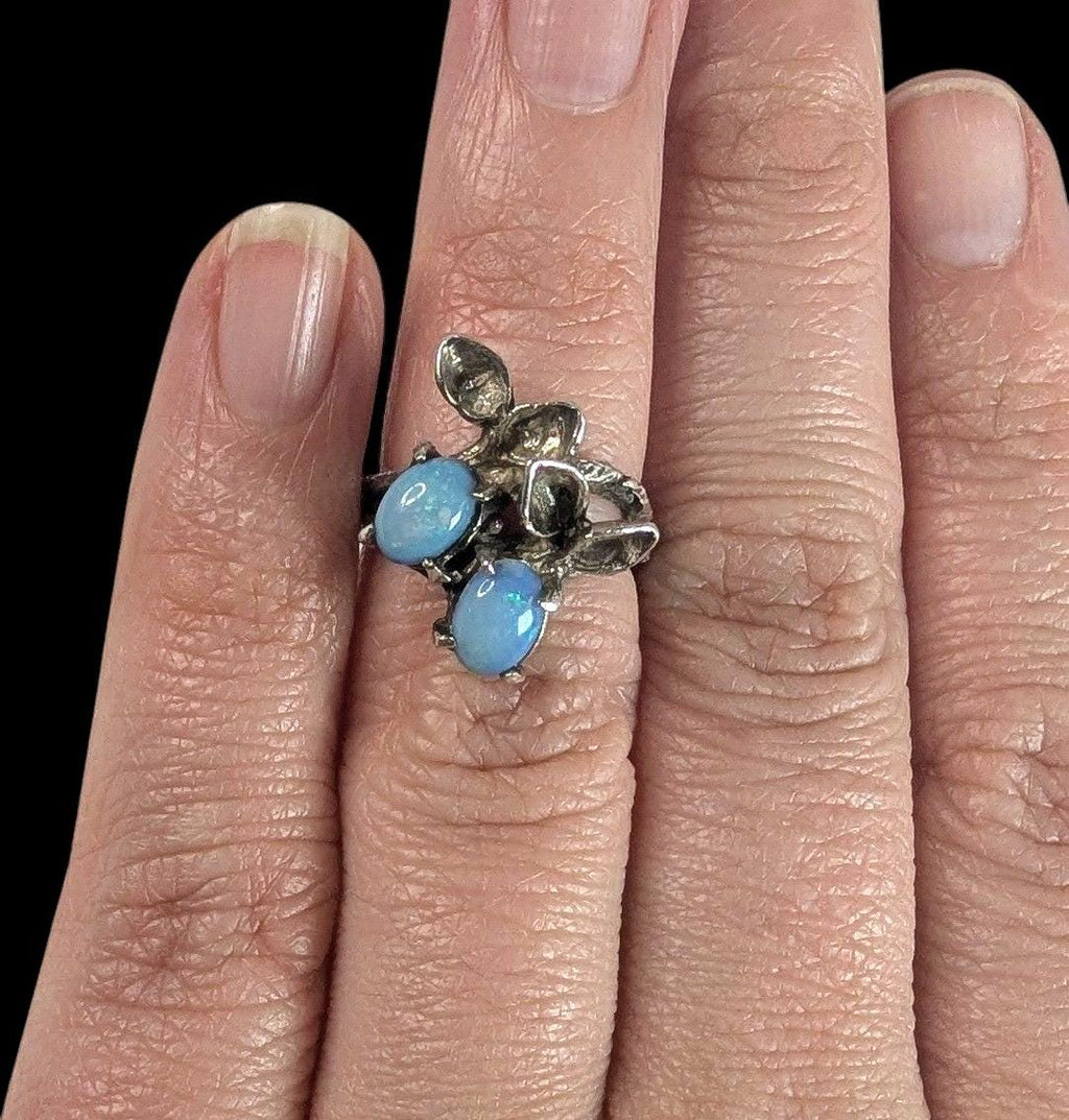 Vintage Sterling Silver Opal Triplet Ring: Art Nouveau Leaf Design, US Size 5