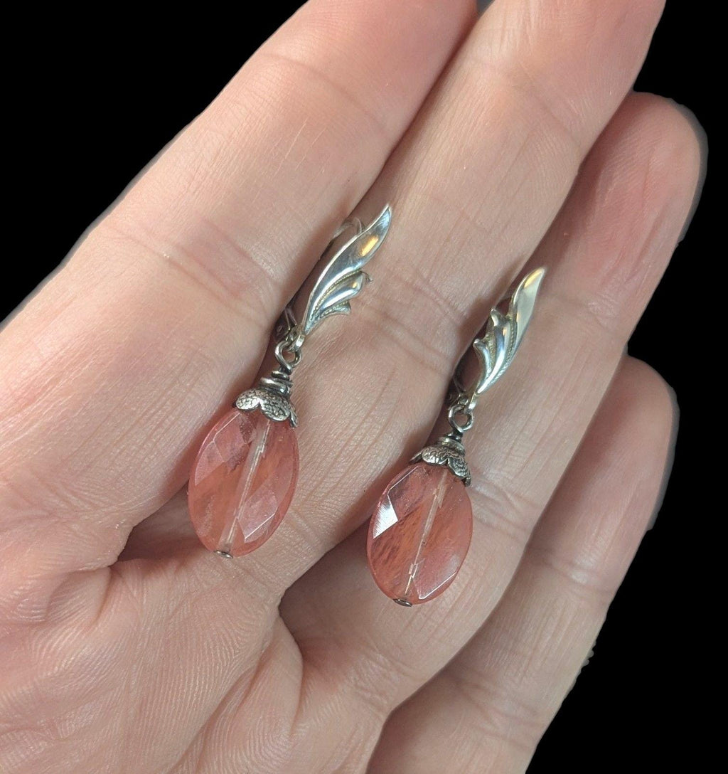 Vintage Sterling Silver Cherry Quartz Earrings – Pink Gemstone Dangle Earrings – Art Deco Style Jewelry