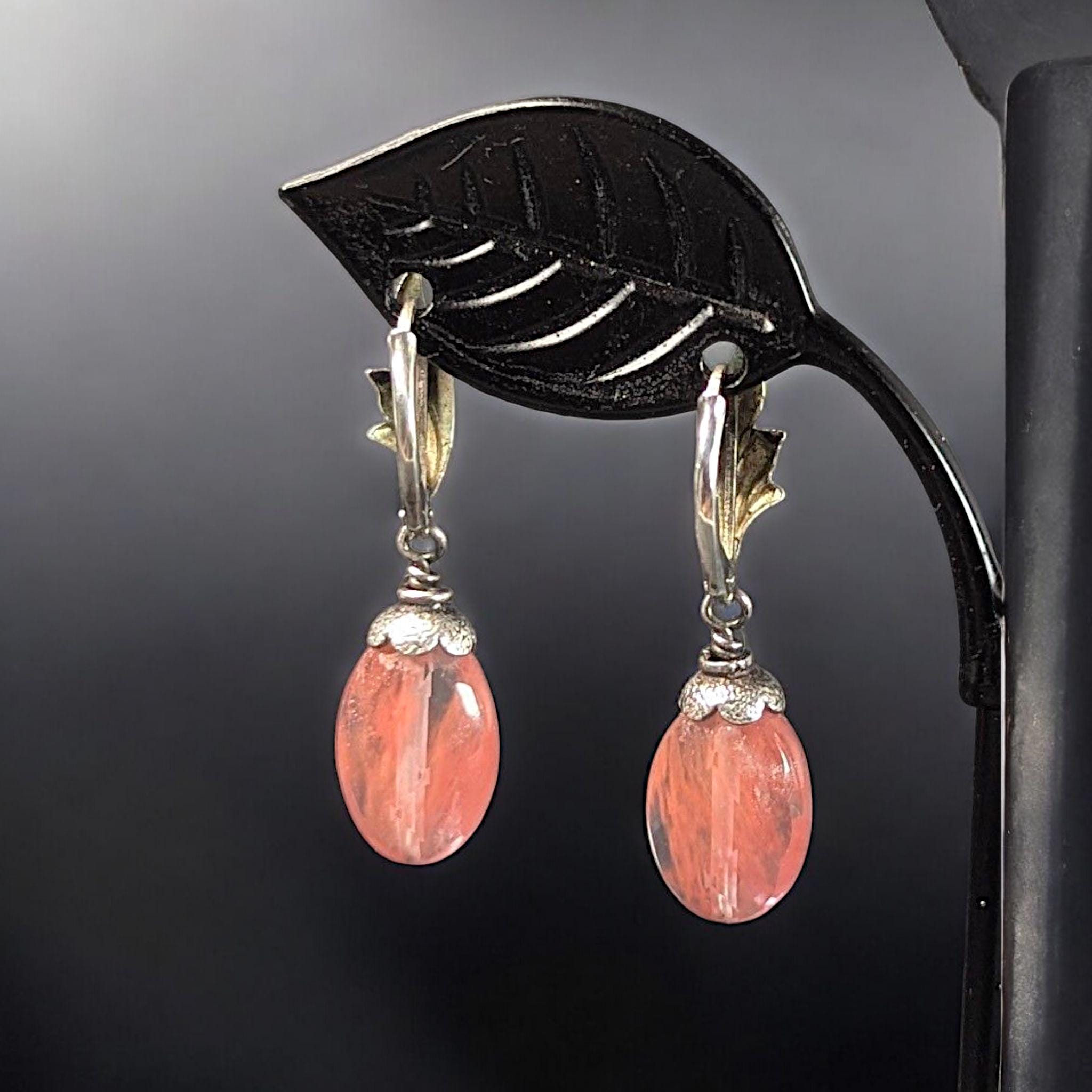 Vintage Sterling Silver Cherry Quartz Earrings – Pink Gemstone Dangle Earrings – Art Deco Style Jewelry