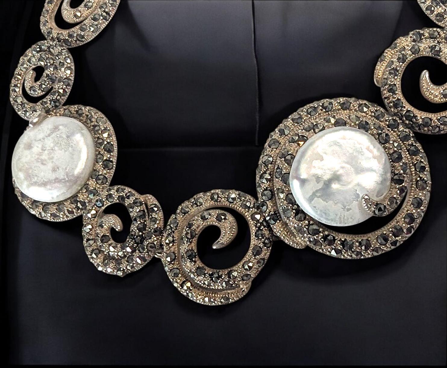 Judith Jack Vintage Marcasite Bracelet: Gold Vermeil Sterling Silver Coin Pearl Jewelry
