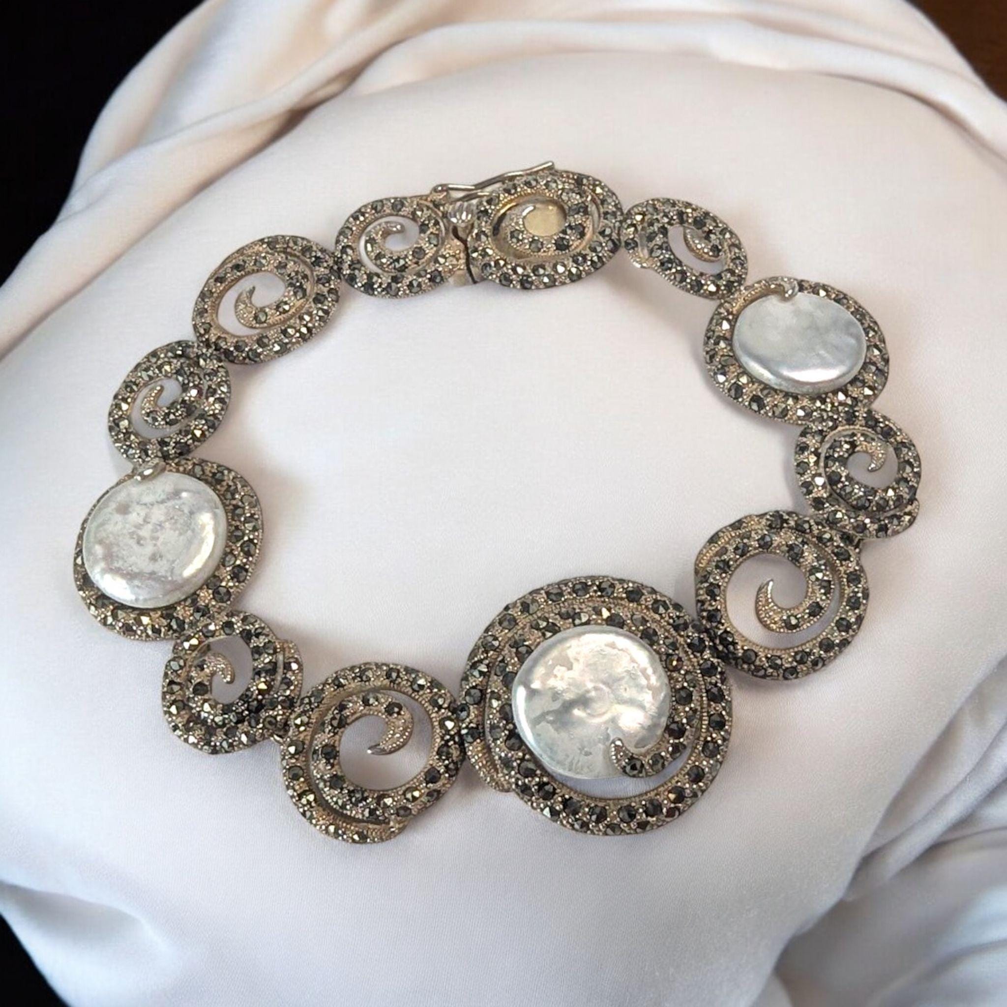 Judith Jack Vintage Marcasite Bracelet: Gold Vermeil Sterling Silver Coin Pearl Jewelry