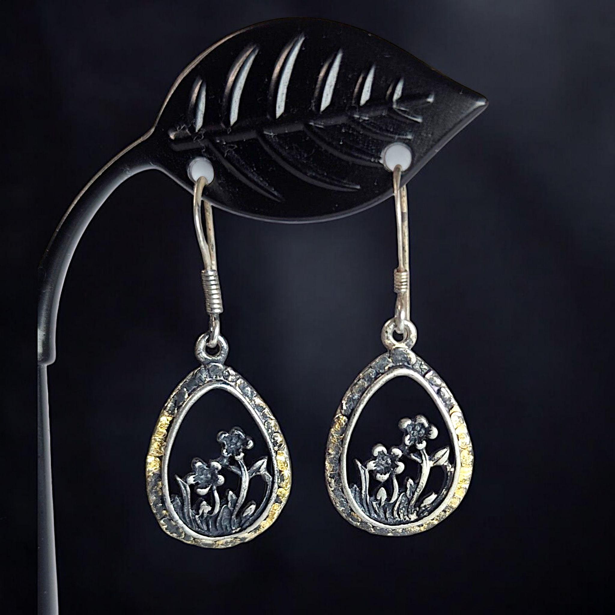 Vintage Sterling Silver Wildflower Teardrop Dangle Earrings, Floral Cutout