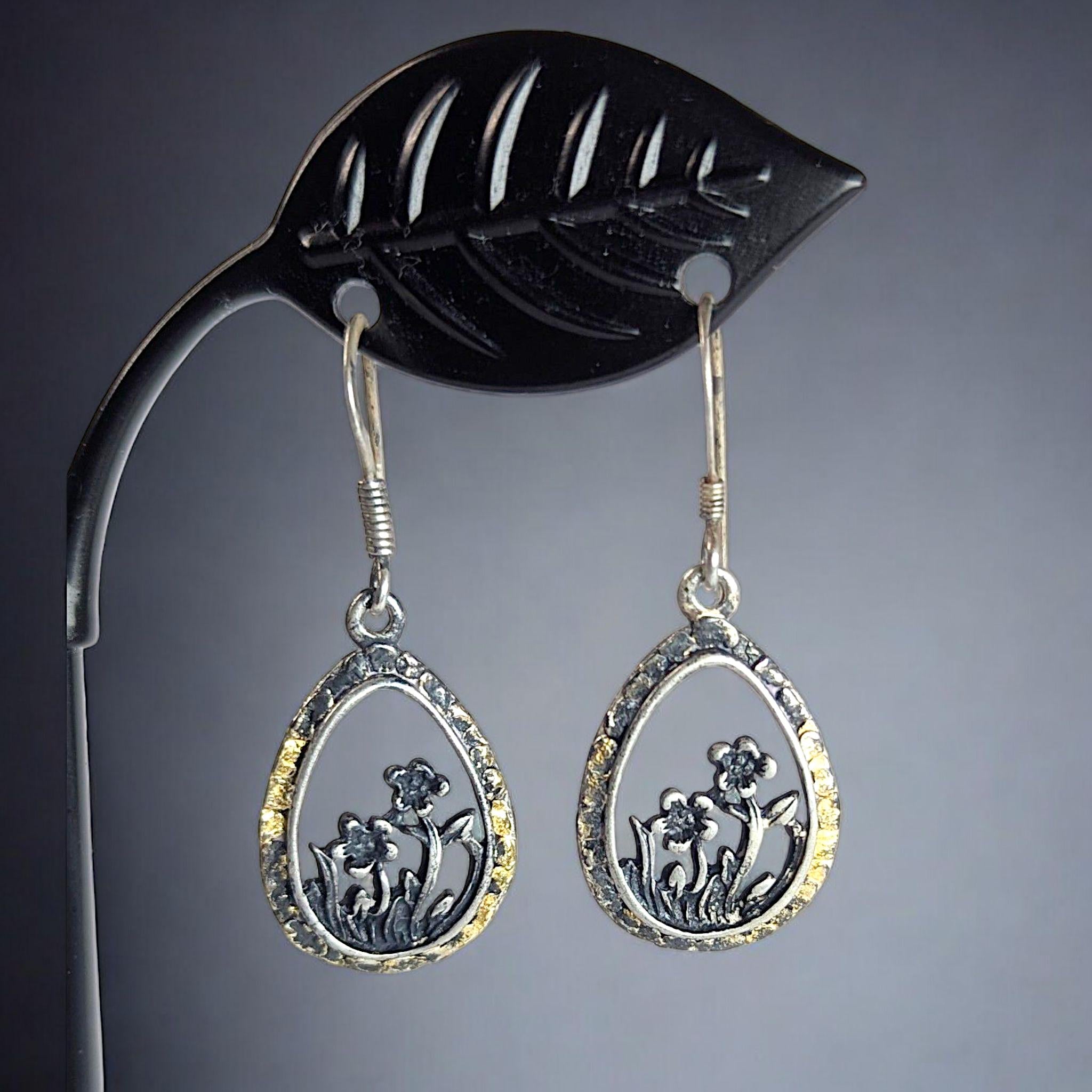 Vintage Sterling Silver Wildflower Teardrop Dangle Earrings, Floral Cutout