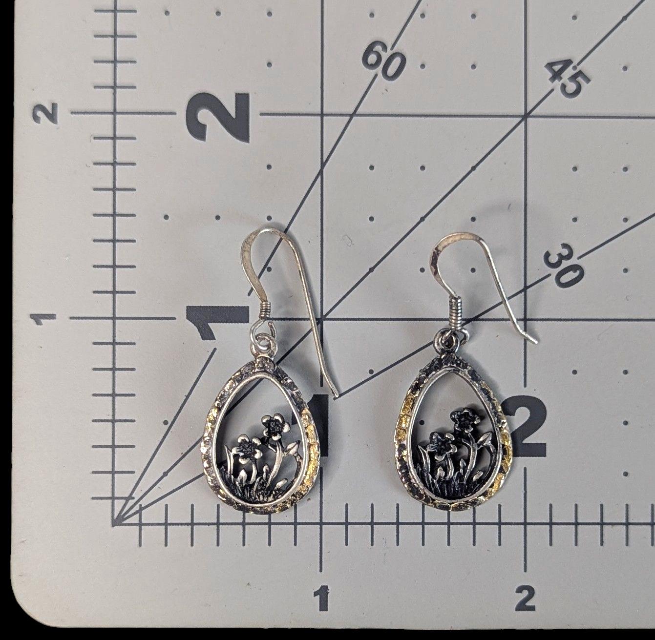 Vintage Sterling Silver Wildflower Teardrop Dangle Earrings, Floral Cutout