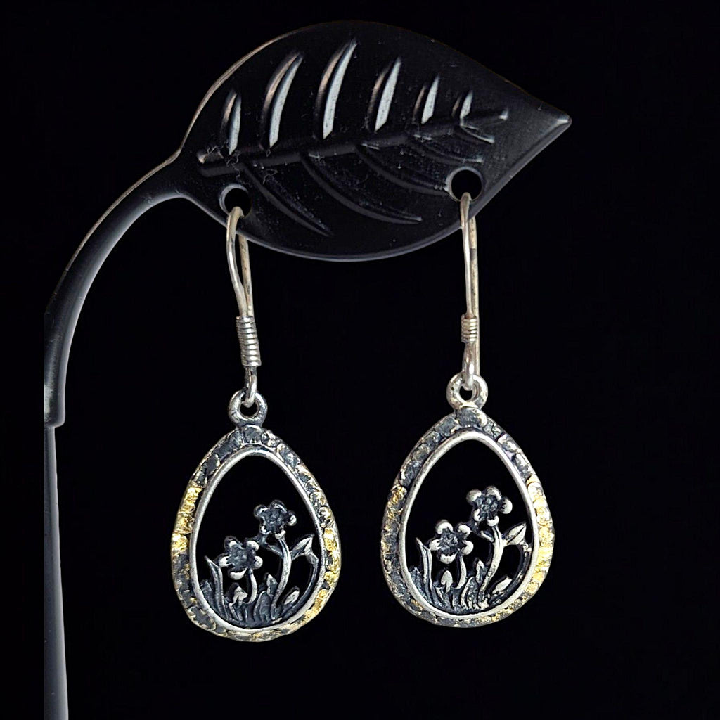 Vintage Sterling Silver Wildflower Teardrop Dangle Earrings, Floral Cutout
