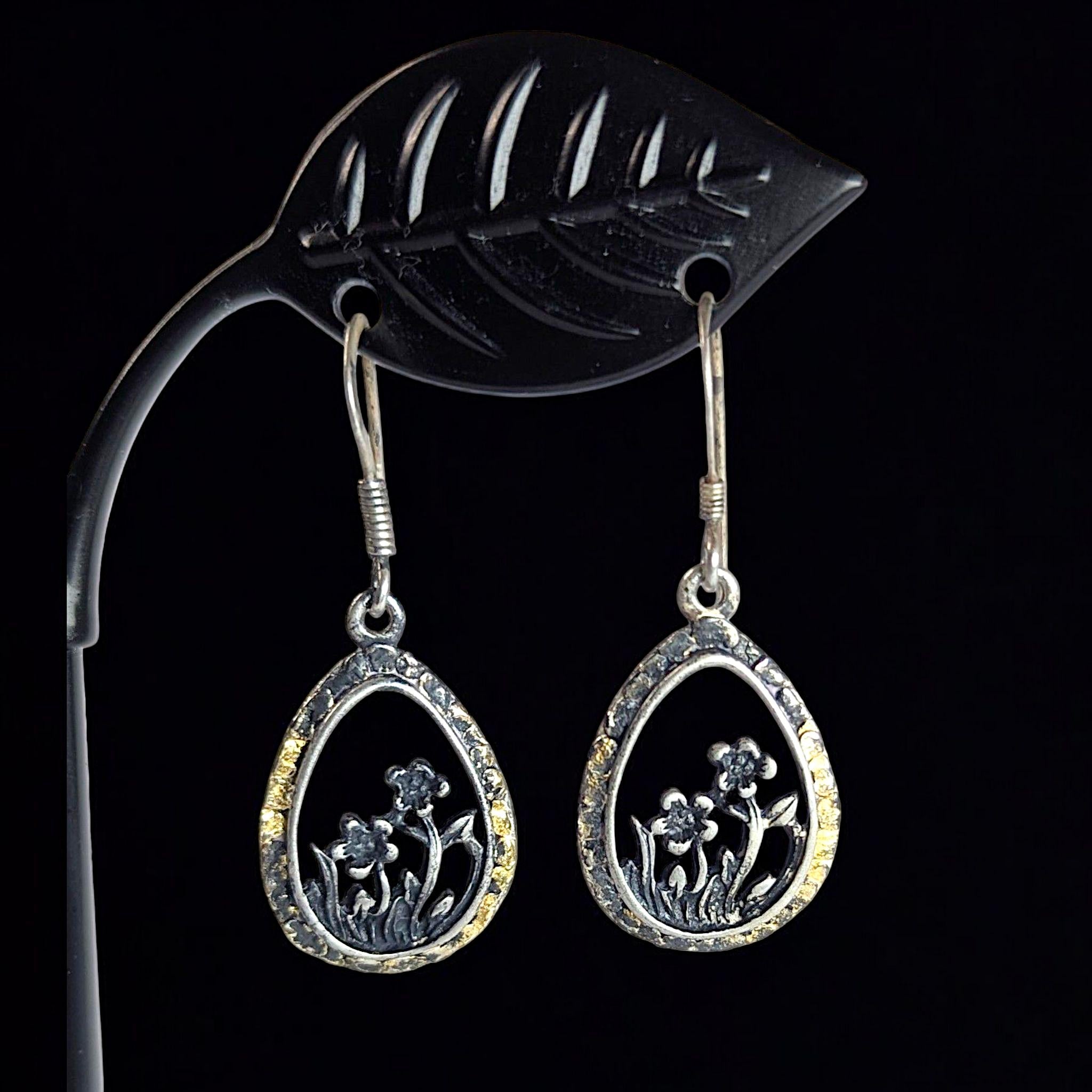 Vintage Sterling Silver Wildflower Teardrop Dangle Earrings, Floral Cutout