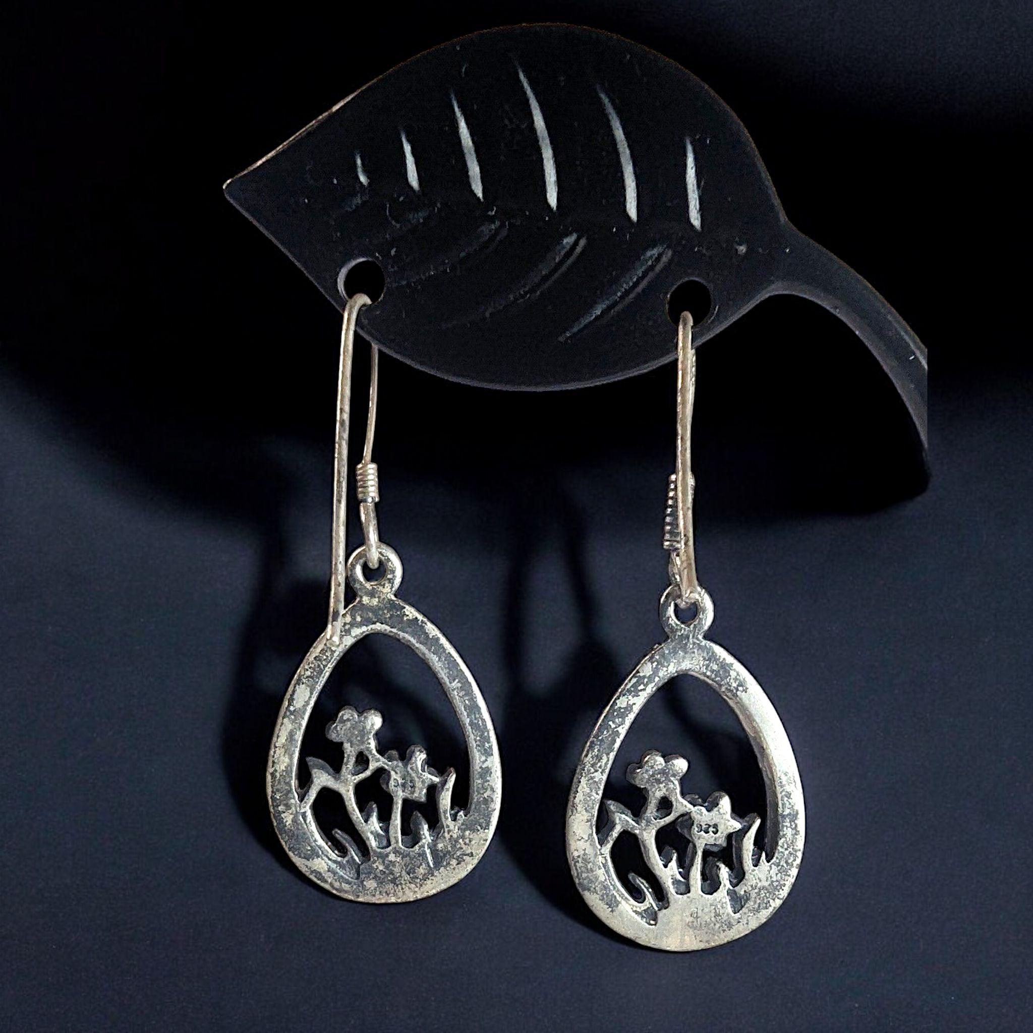 Vintage Sterling Silver Wildflower Teardrop Dangle Earrings, Floral Cutout