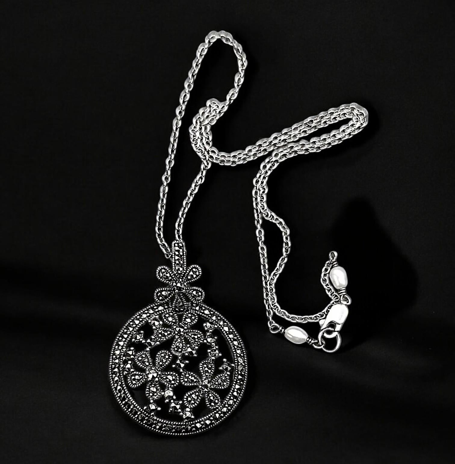 Vintage Sterling Silver Marcasite Floral Pendant Necklace with Pearl Clasp