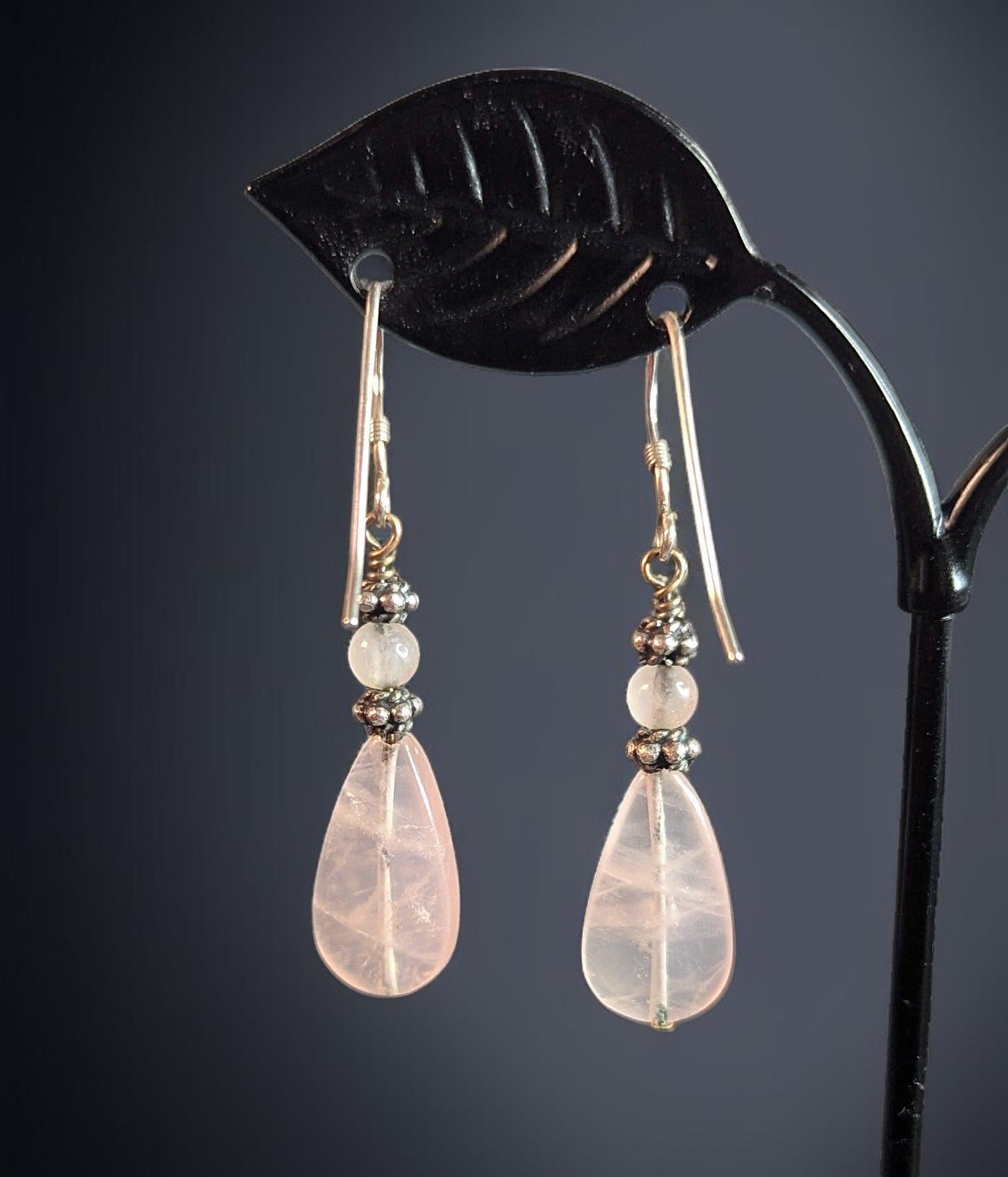 Sterling Silver Rose Quartz Drop Earrings – Vintage Gemstone Dangle Jewelry