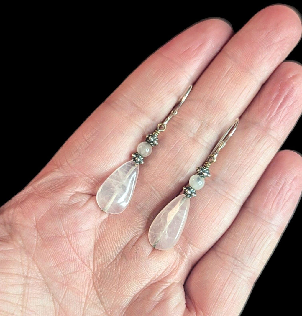 Sterling Silver Rose Quartz Drop Earrings – Vintage Gemstone Dangle Jewelry