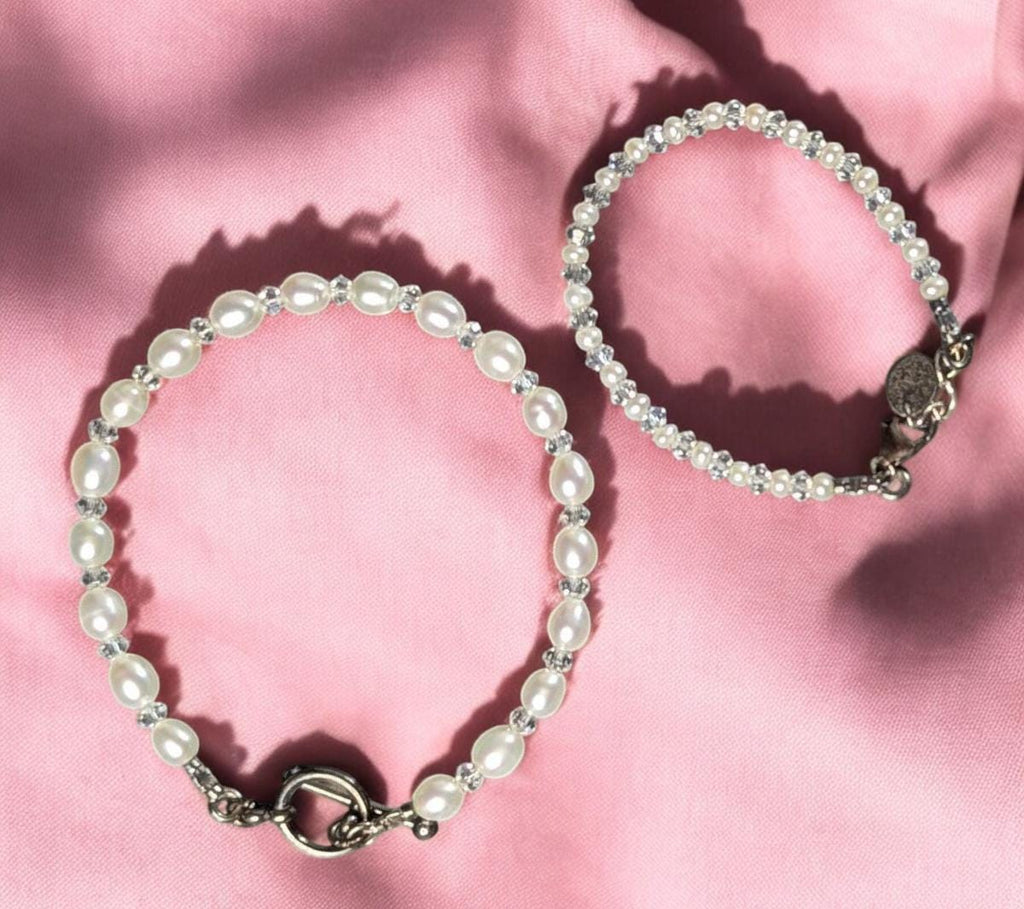 Vintage Mother & Baby Bracelet Set: Cultured Pearls, Crystal, Sterling Silver