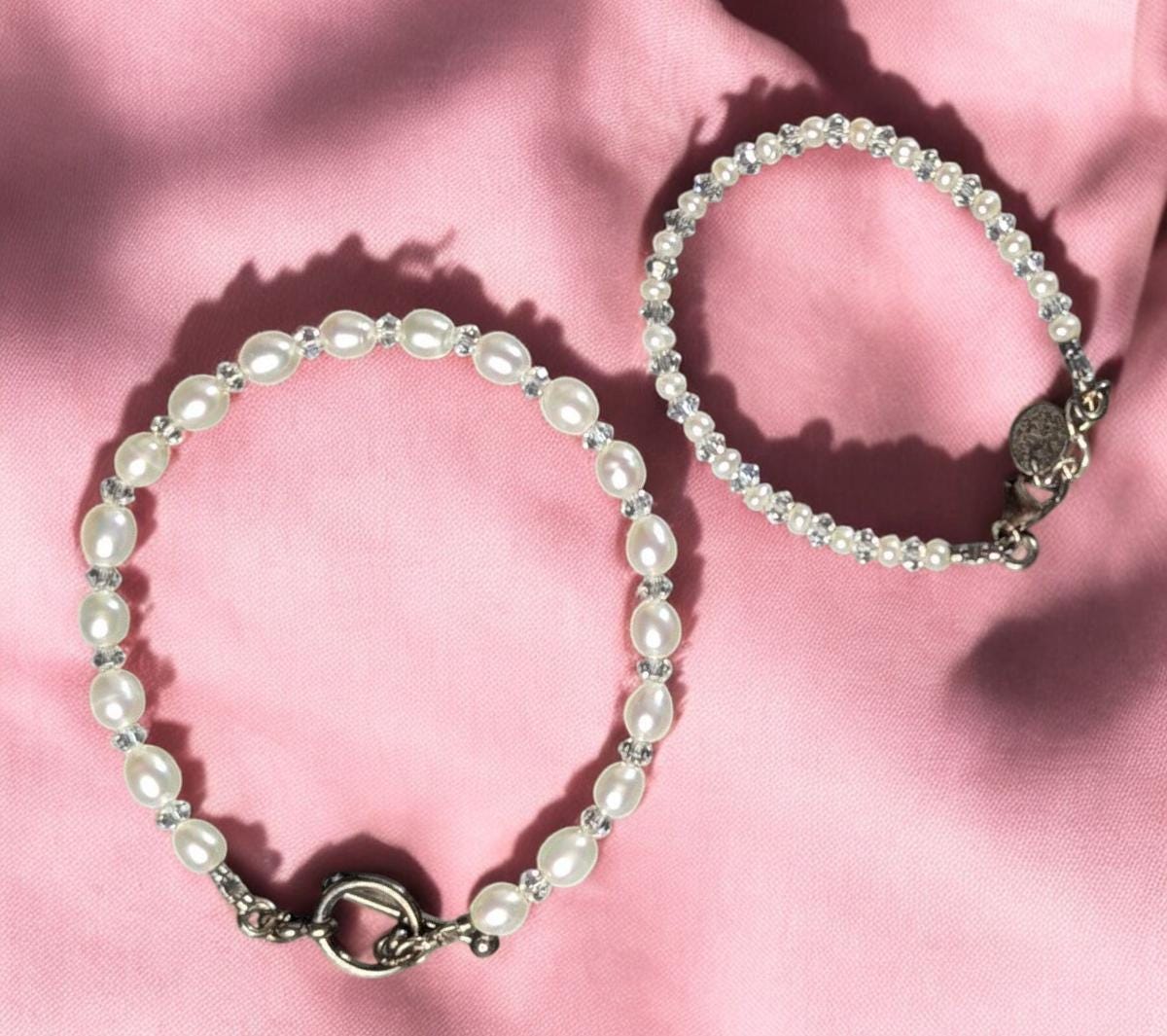 Vintage Mother & Baby Bracelet Set: Cultured Pearls, Crystal, Sterling Silver