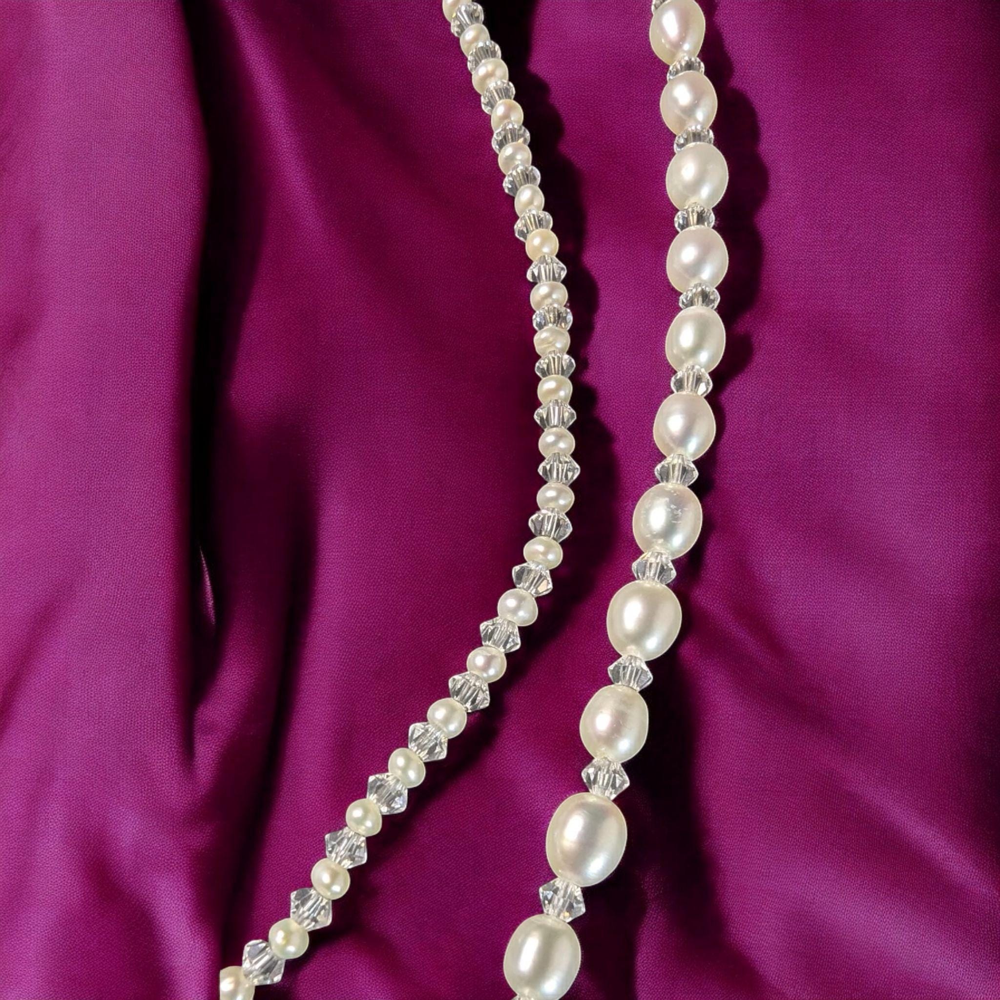 Vintage Mother & Baby Bracelet Set: Cultured Pearls, Crystal, Sterling Silver