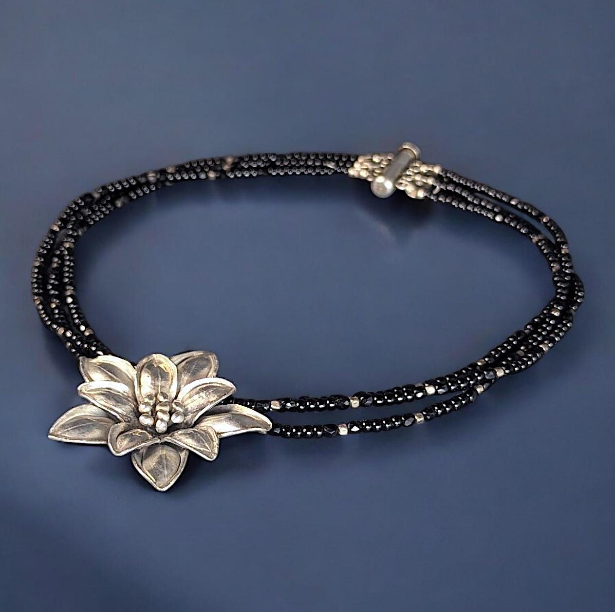 Vintage Sterling Silver Edelweiss Choker: Black Onyx & Glass Beads