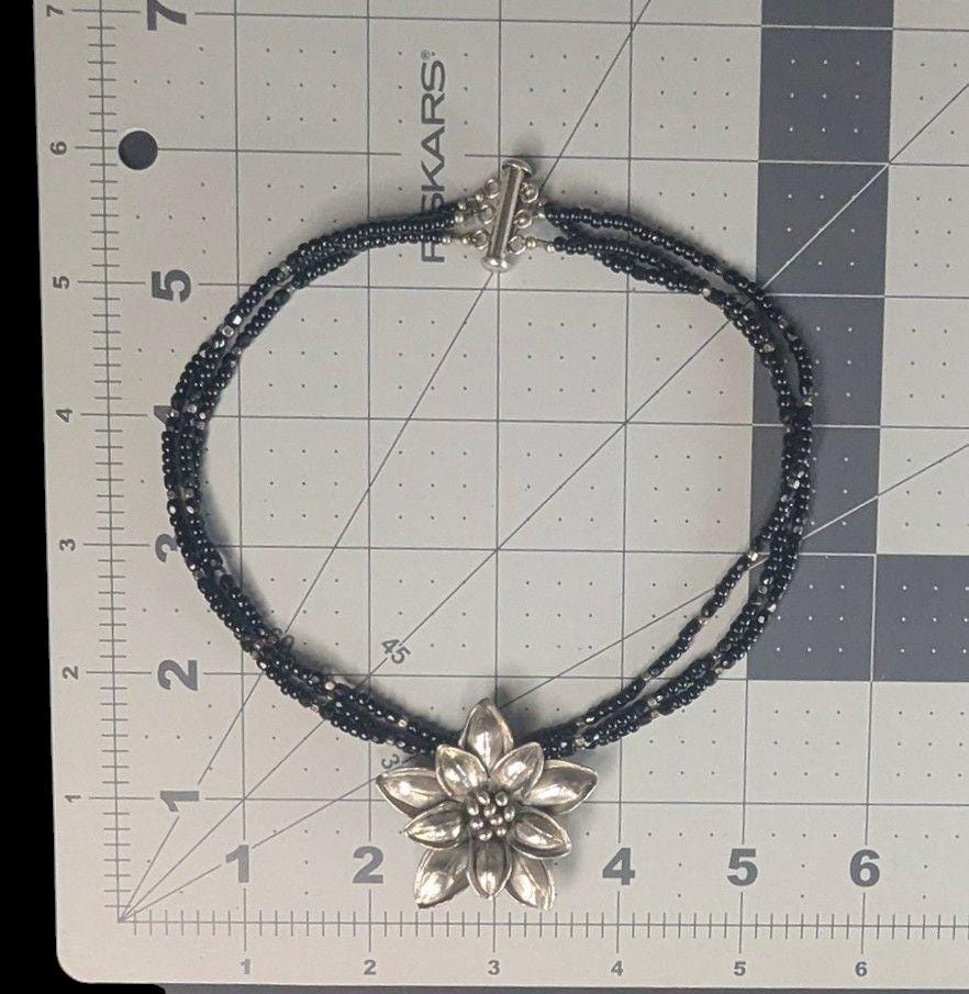 Vintage Sterling Silver Edelweiss Choker: Black Onyx & Glass Beads