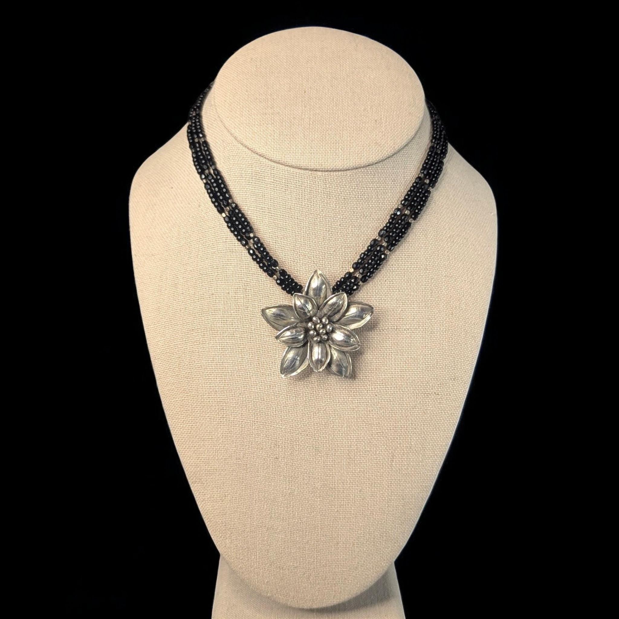 Vintage Sterling Silver Edelweiss Choker: Black Onyx & Glass Beads