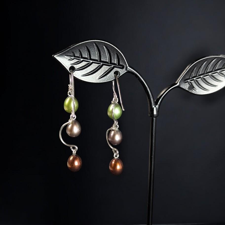 Vintage Sterling Silver Dangle Earrings with Cultured Pearls in Green, Champagne, and Bronze