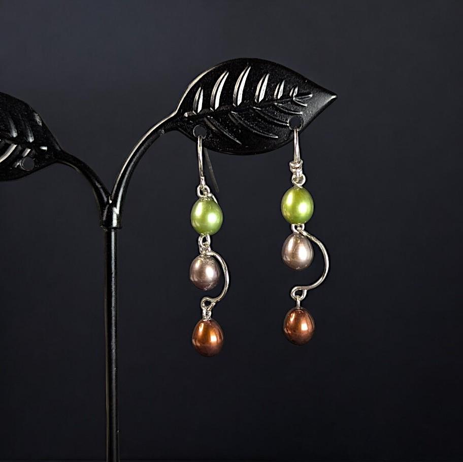 Vintage Sterling Silver Dangle Earrings with Cultured Pearls in Green, Champagne, and Bronze