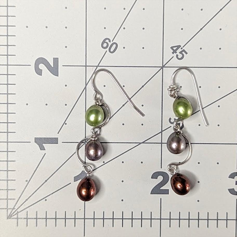 Vintage Sterling Silver Dangle Earrings with Cultured Pearls in Green, Champagne, and Bronze
