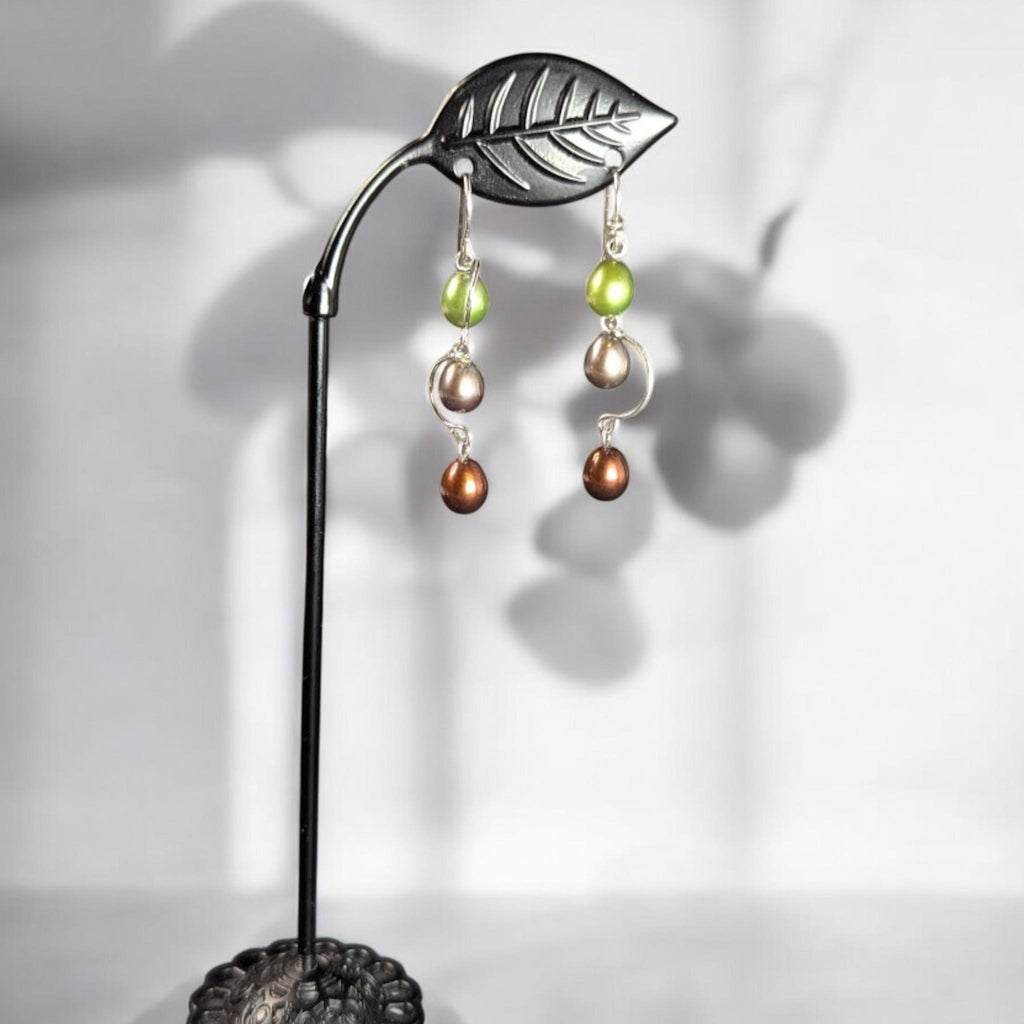 Vintage Sterling Silver Dangle Earrings with Cultured Pearls in Green, Champagne, and Bronze
