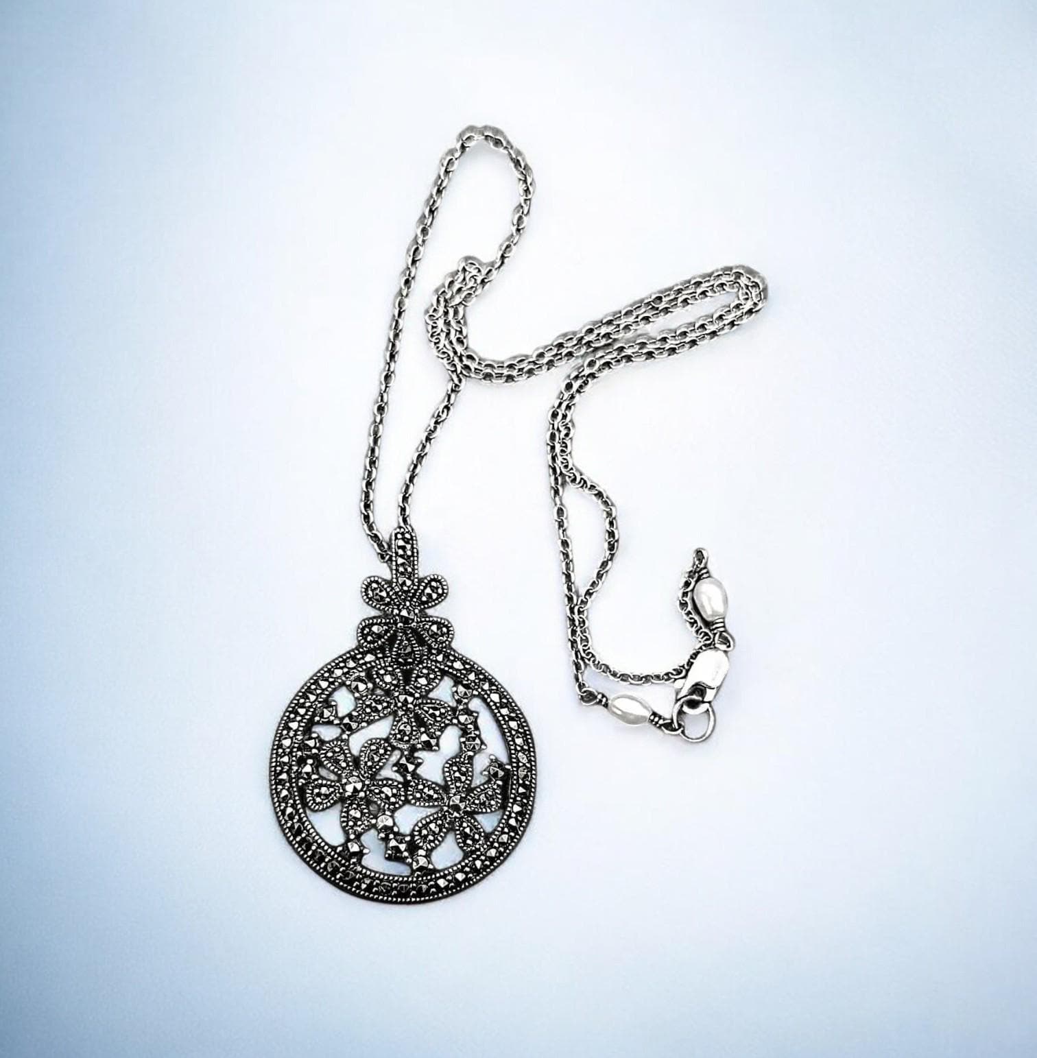 Vintage Sterling Silver Marcasite Floral Pendant Necklace with Pearl Clasp