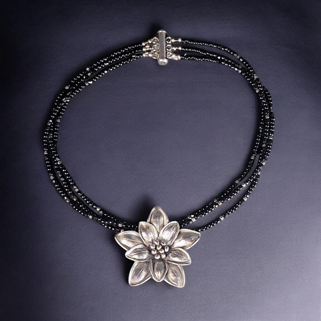 Vintage Sterling Silver Edelweiss Choker: Black Onyx & Glass Beads