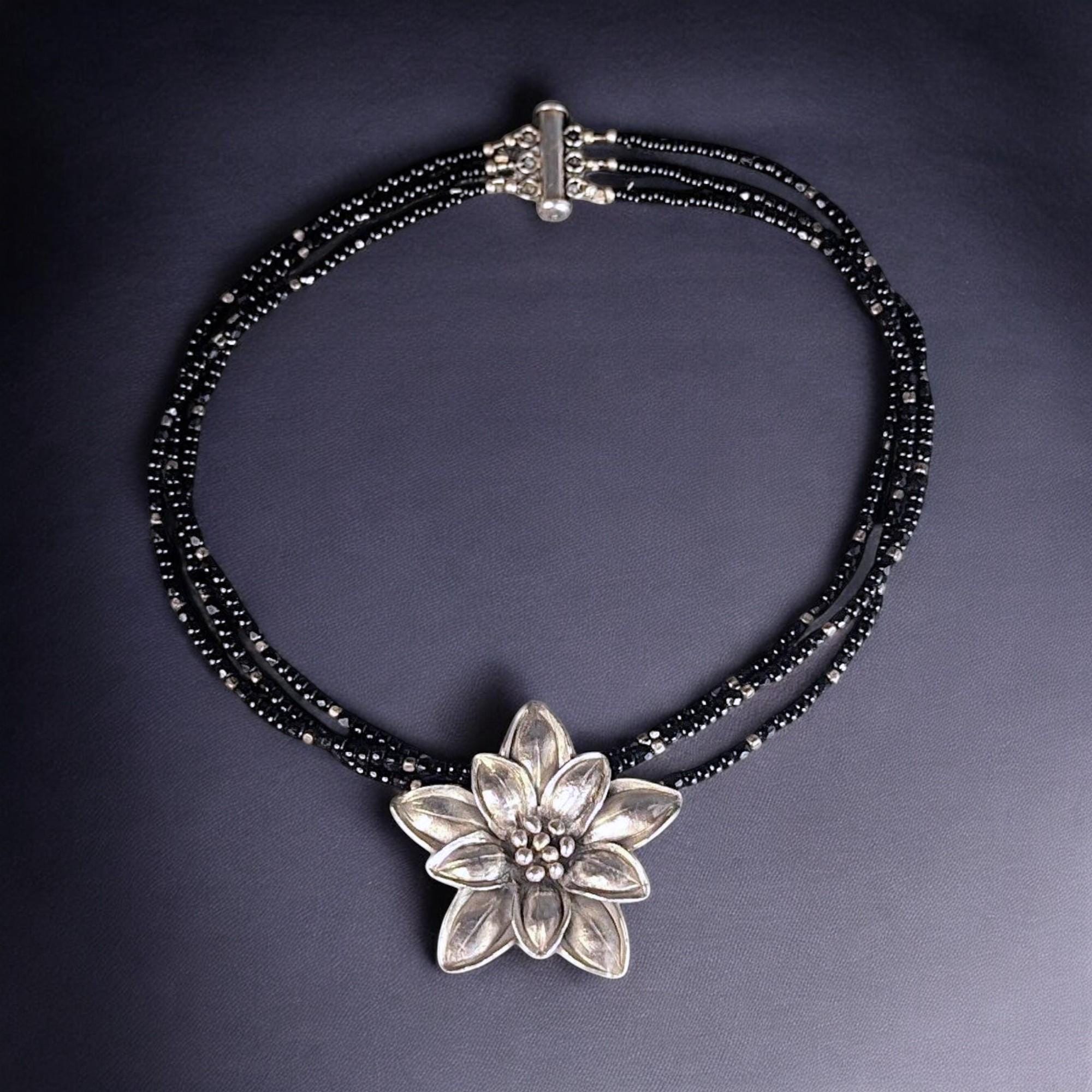 Vintage Sterling Silver Edelweiss Choker: Black Onyx & Glass Beads