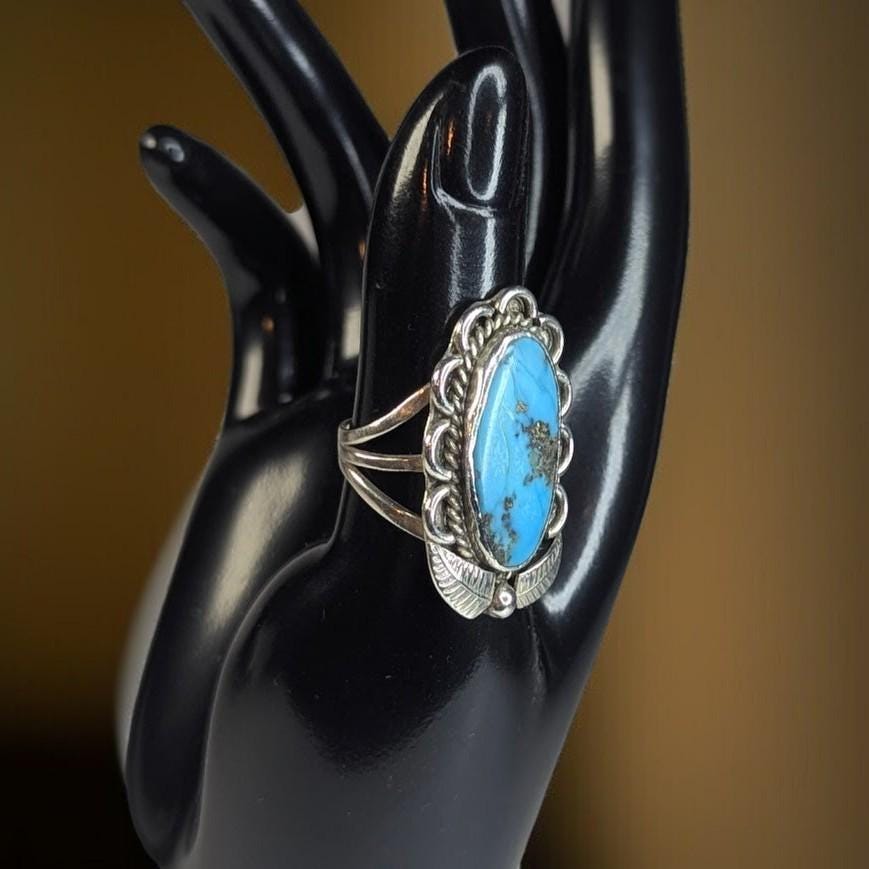 Vintage Sterling Silver Turquoise Ring, Southwestern Style, Natural Oval Stone, Size 6