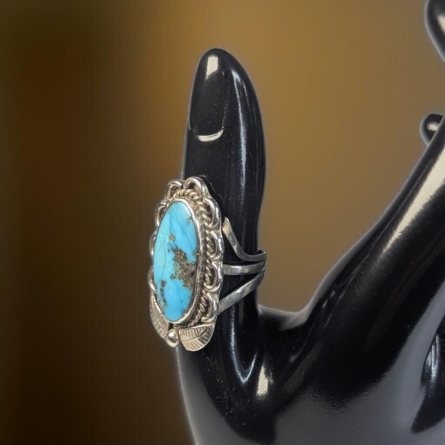 Vintage Sterling Silver Turquoise Ring, Southwestern Style, Natural Oval Stone, Size 6