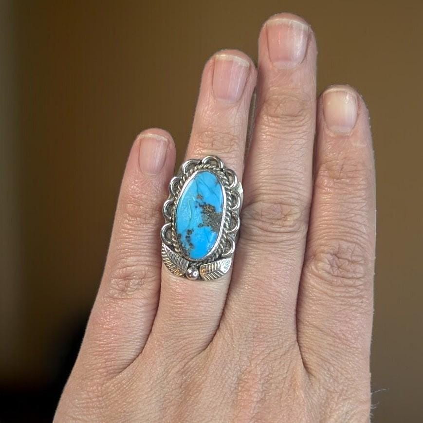 Vintage Sterling Silver Turquoise Ring, Southwestern Style, Natural Oval Stone, Size 6