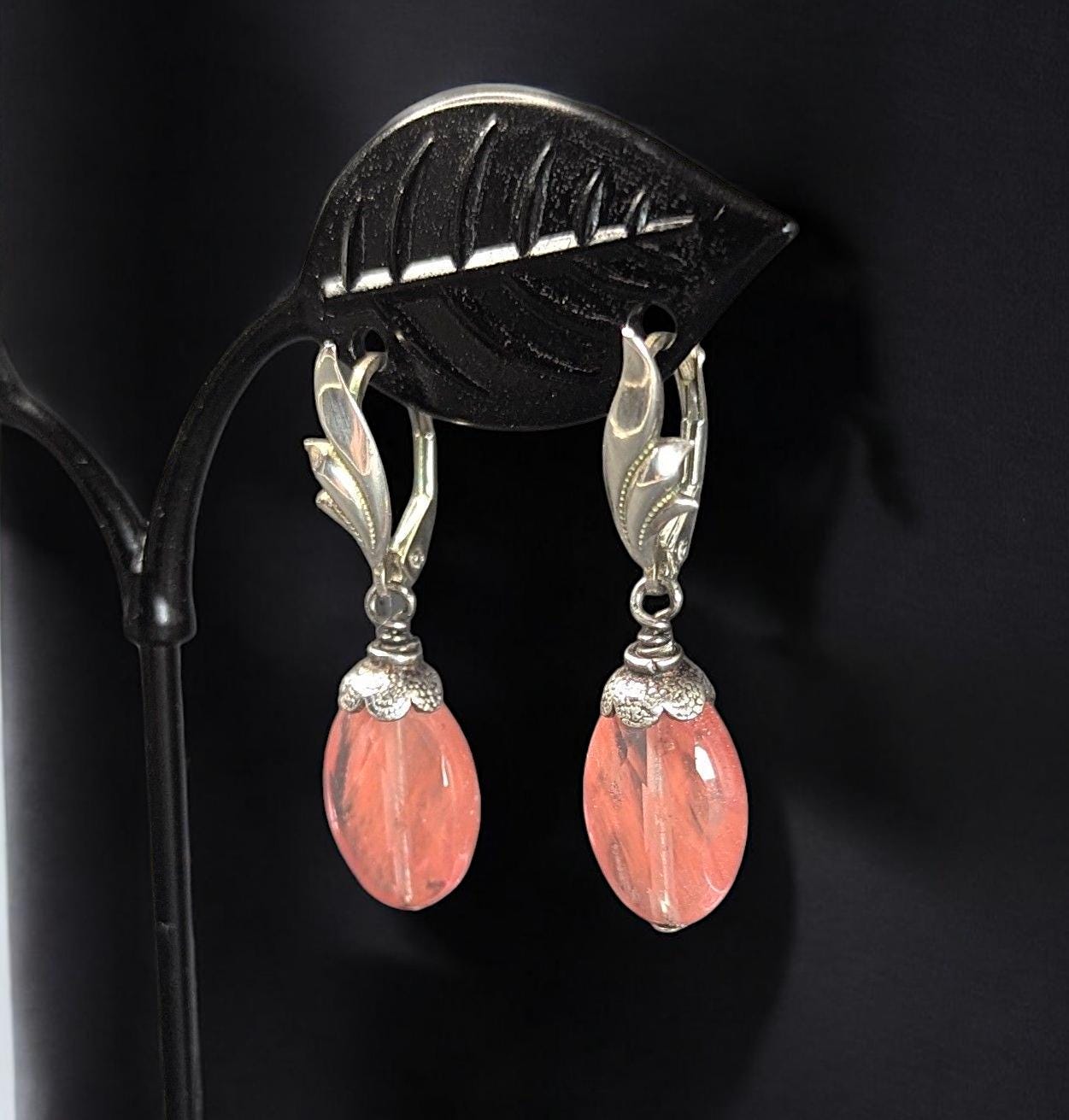 Vintage Sterling Silver Cherry Quartz Earrings – Pink Gemstone Dangle Earrings – Art Deco Style Jewelry