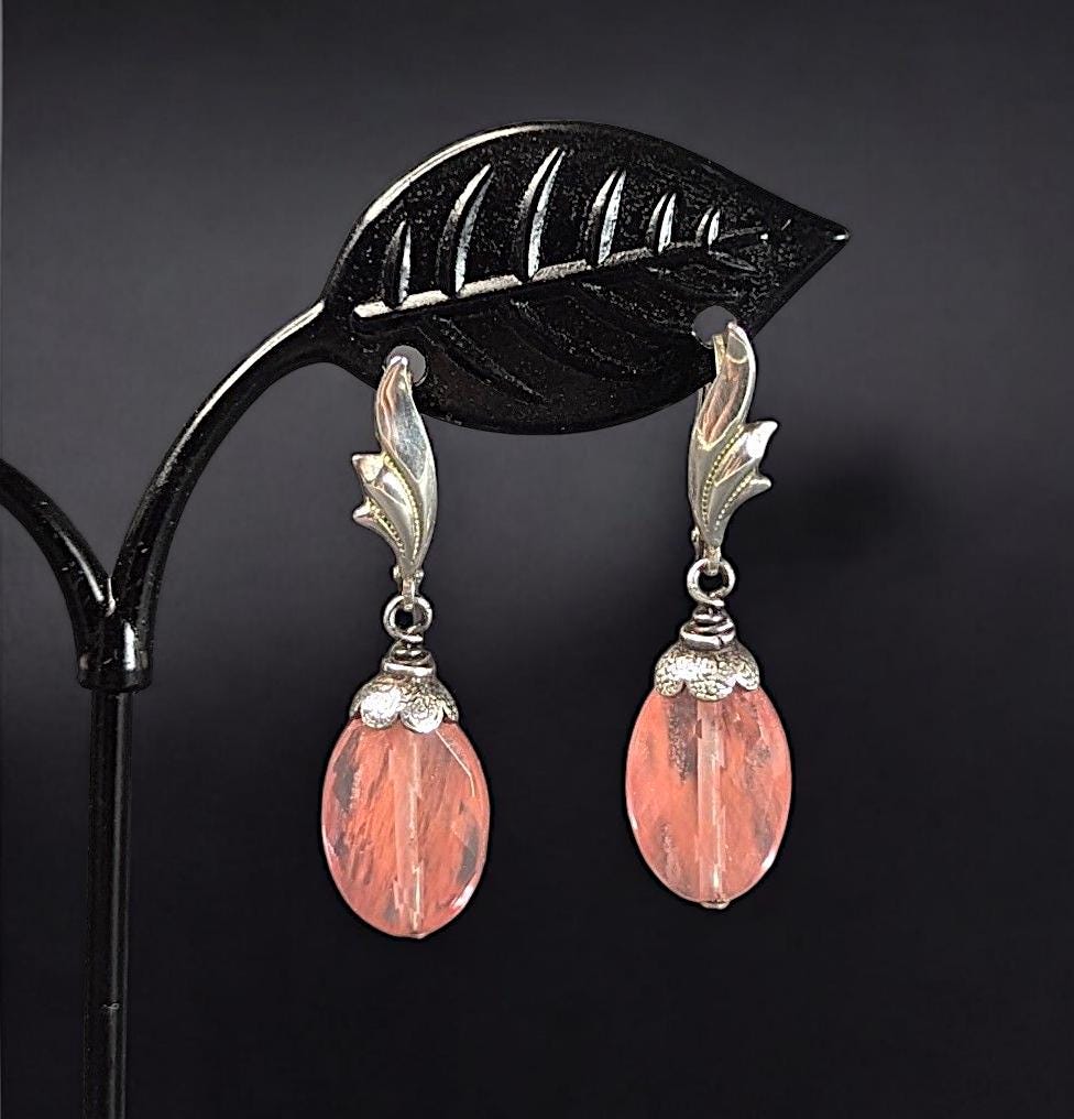 Vintage Sterling Silver Cherry Quartz Earrings – Pink Gemstone Dangle Earrings – Art Deco Style Jewelry