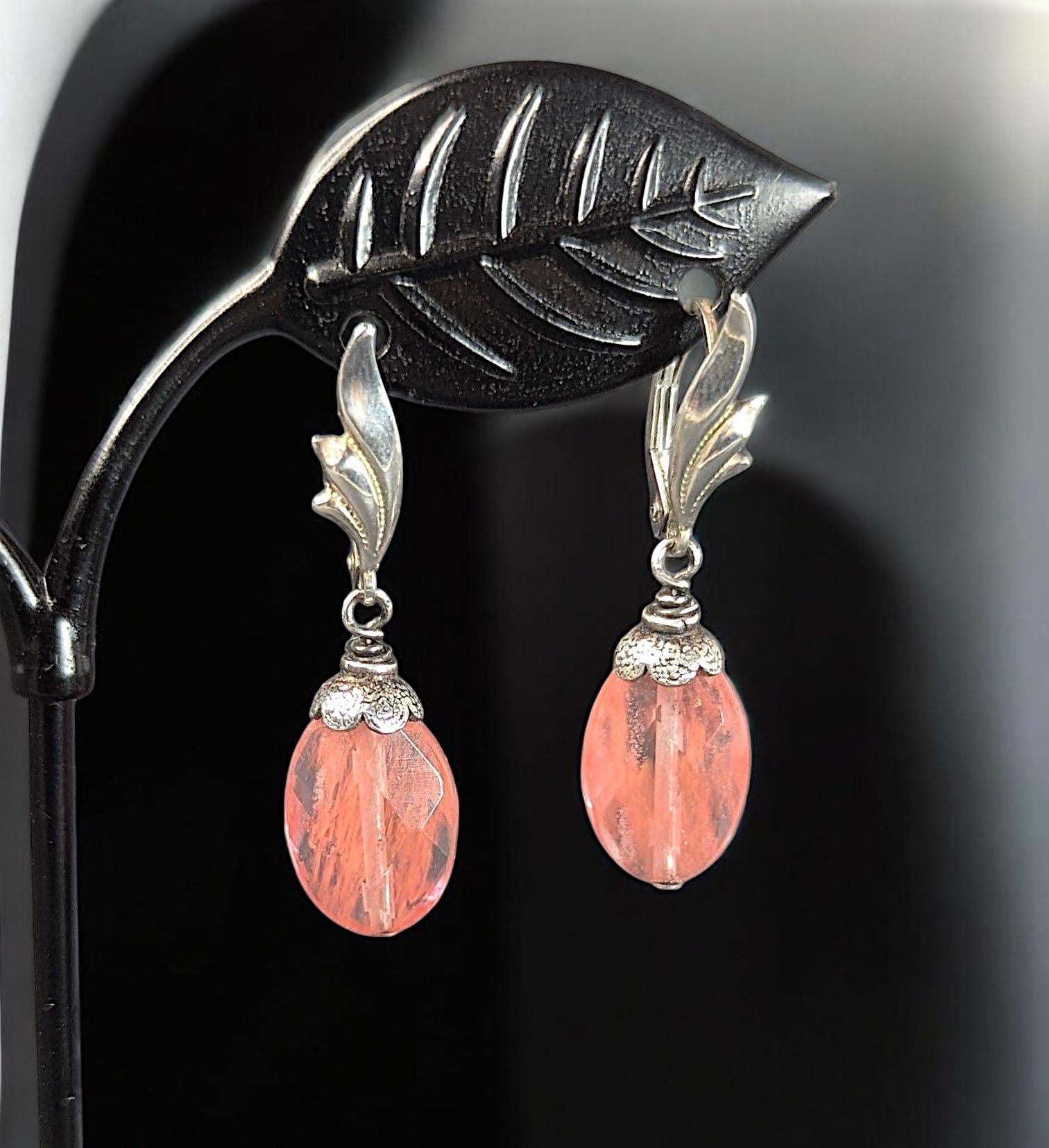 Vintage Sterling Silver Cherry Quartz Earrings – Pink Gemstone Dangle Earrings – Art Deco Style Jewelry
