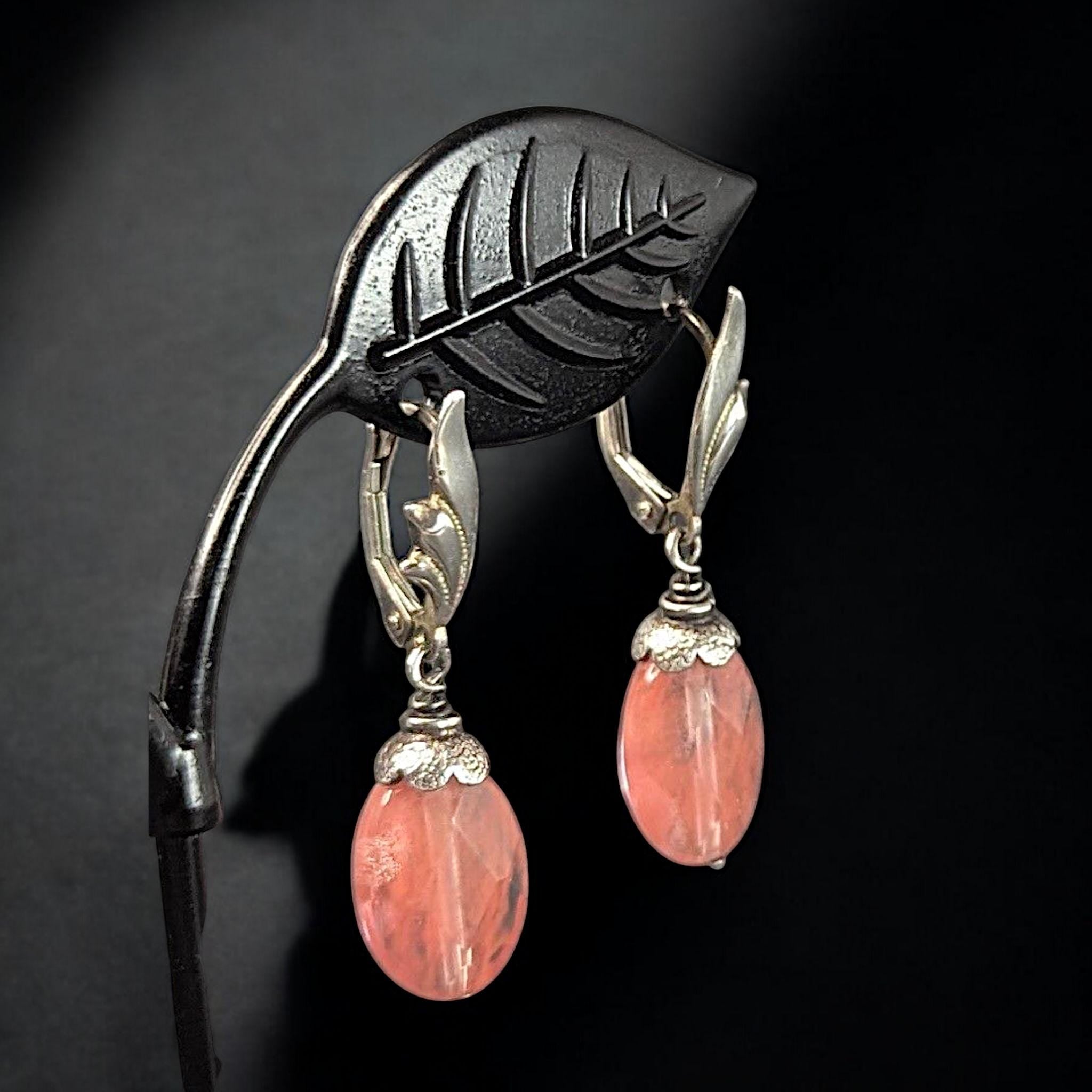 Vintage Sterling Silver Cherry Quartz Earrings – Pink Gemstone Dangle Earrings – Art Deco Style Jewelry