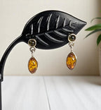 Dainty Sterling Silver and Baltic Amber Dangle Post Back Earrings 925