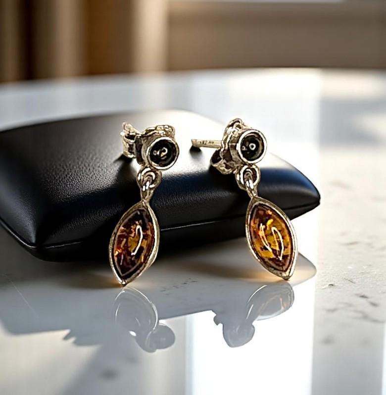 Dainty Sterling Silver and Baltic Amber Dangle Post Back Earrings 925
