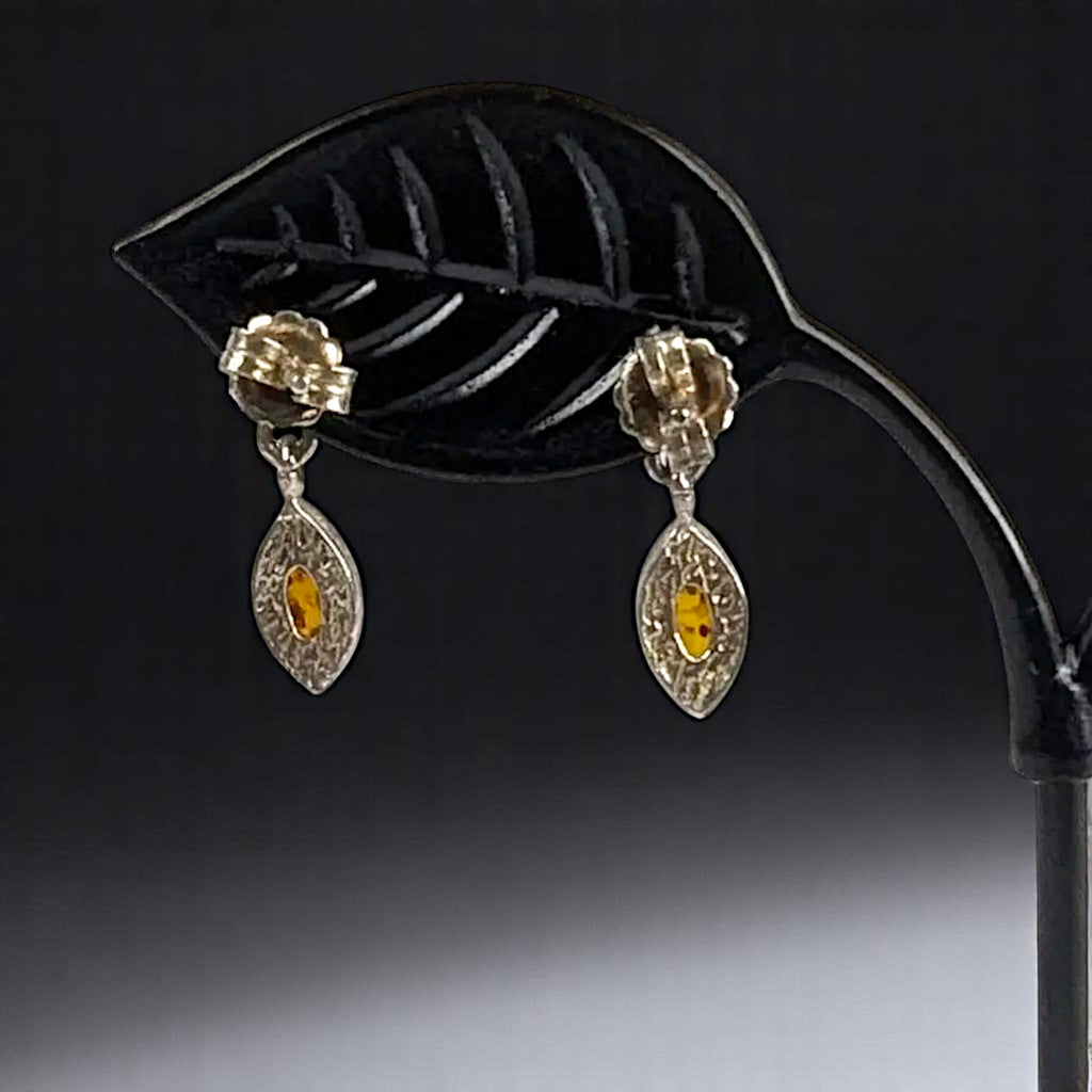 Dainty Sterling Silver and Baltic Amber Dangle Post Back Earrings 925