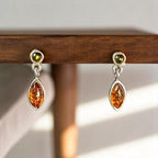 Dainty Sterling Silver and Baltic Amber Dangle Post Back Earrings 925