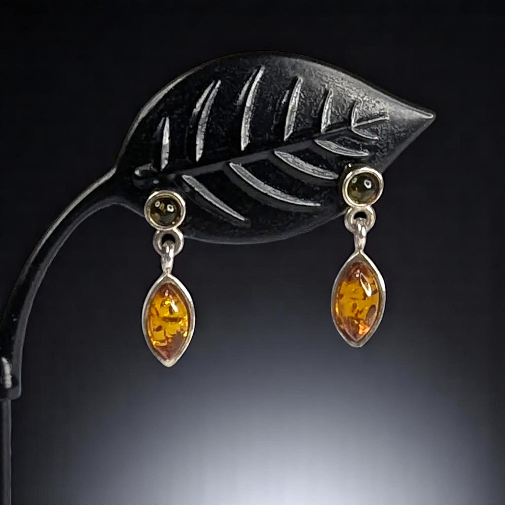 Dainty Sterling Silver and Baltic Amber Dangle Post Back Earrings 925